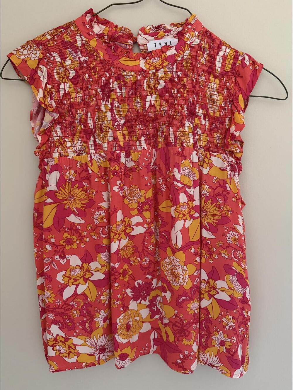100% Rayon THML M Sleeveless Top, smocked, ruffles